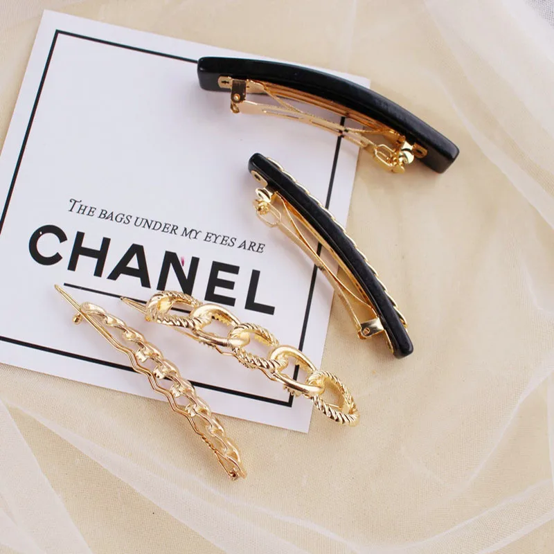 Hot Selling Fashion Acrylic Metal Chain Hair Clip Pin Barrette Korean Hair Accessories Geometric Gold Color Hair Clips for Women