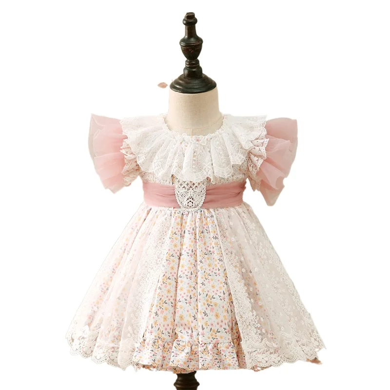 Summer New Spanish Children's Baby Girl Lolita Vest Dress Mesh Lace Floral Dress Puff Princess Dress Kids Dresses for Girls