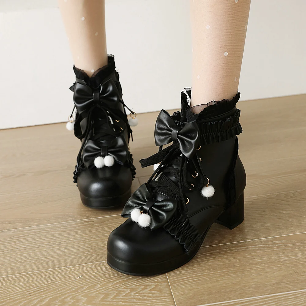 EDEELVEEYS słodkie Bowknot Ruffles Med obcasy Shoelace Gothic Lolita Style botki w japońskim stylu Harajuku kobiet buty duży rozmiar 43