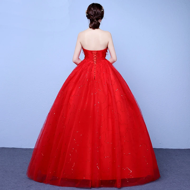 AnXin SH Blume rote Spitze Vintage Prinzessin trägerlos ärmellos Perlen Blume Perlen weißes Ballkleid individuelles Hochzeitskleid