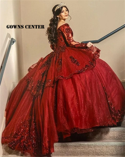 Burgundy Long Sleeve Ball Gown Quinceanera Dresses Formal Prom Graduation Gowns Lace Up Sweet 15 16 Dress vestidos de 15 anos