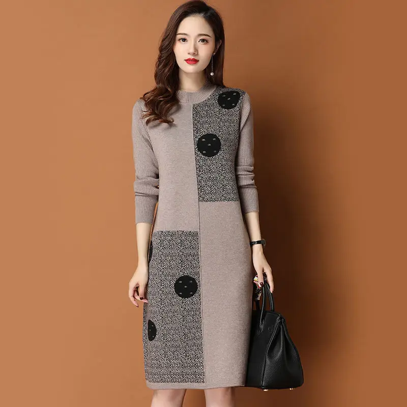 Sweater Dresses Women's Knitted Dress For Spring Autumn 2023 New Half Turtleneck Pullover Loose Thicken Warm Bottom Clothing