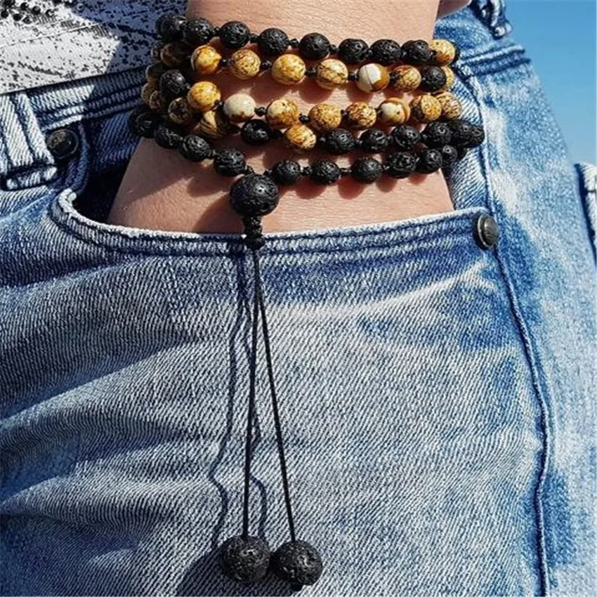 Natural Picture Stone Lava Necklace 108 Buddha Beads Bracelet Emotional Inspiration Diy Yoga Classic Pray Relief Chic Energy