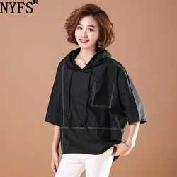 NYFS 2024 New Summer Kimono Womens T shirt Fashion big size Woman Cotton hooded tops Loose Blusas Camisa Mujer