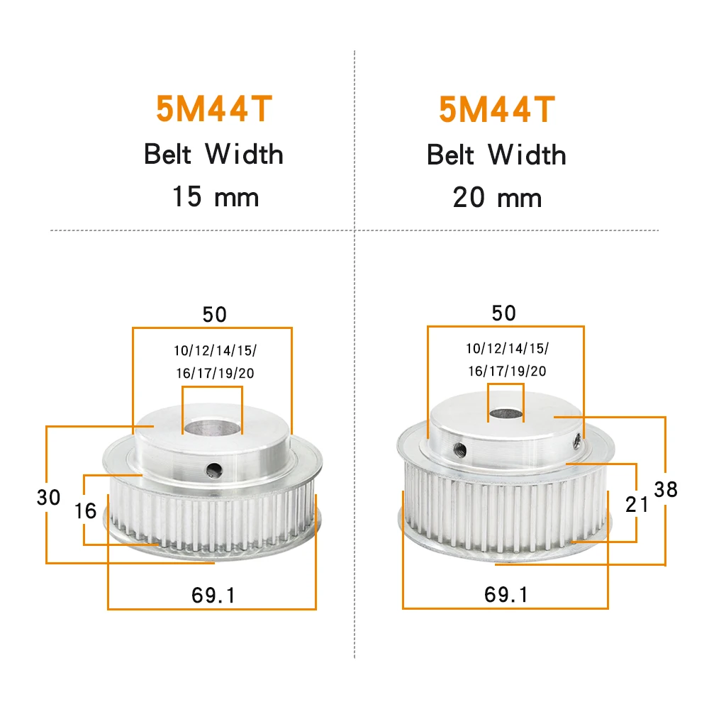 Timing Pulley 5M44T Bore Size 12/14/15/16/17/19/20 mm Aluminium Alloy Material Pulley Wheel For Width 15/20 mm Timing Belt