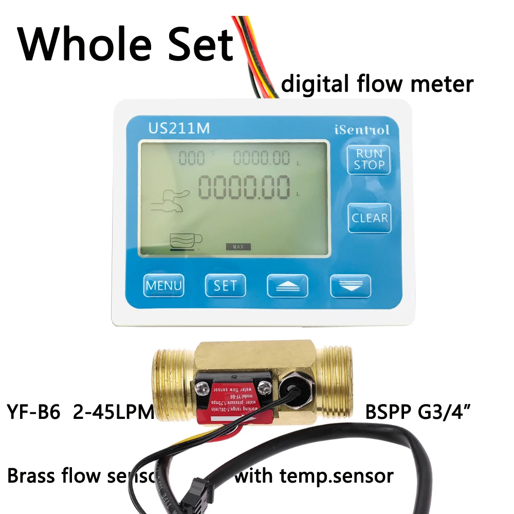 US211M Water Flow Meter and G3/4" YF-B6-T Hall Water Flow Sensor Brass 2-45L/min DC 24V Turbine Flowmeter with NTC50K Temperatur