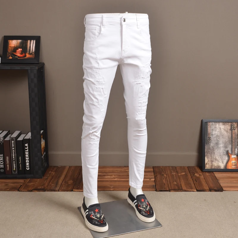 Men's Slim Fit White Jeans Summer Ripped Jean Fashion Streetwear Cotton Elastic Distressed Pants for Cowboys