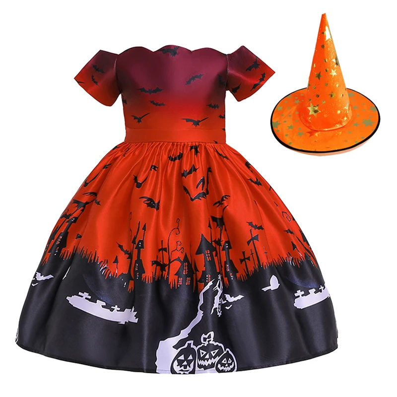 2023 Halloween Pattern Girls Dress Children Carnival Party Costume New Fashion Witch Cosplay Princess Dress 3 4 5 6 8 9 10 Years