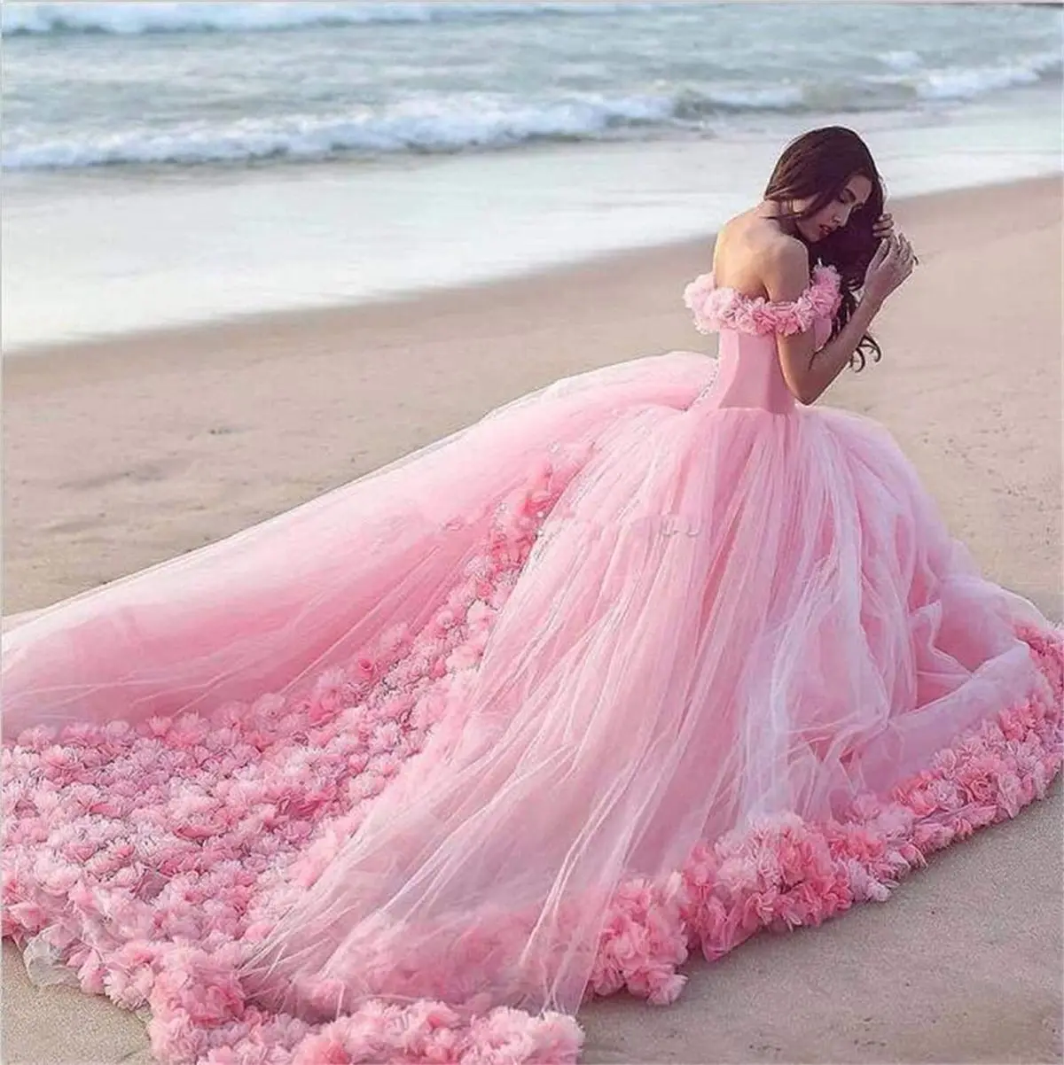 Quinceanera Dress Pink Ball Gown 3D Flowers Princess Corset Tulle Sparkles Sweet 16 Dresses Vestido De Debutante