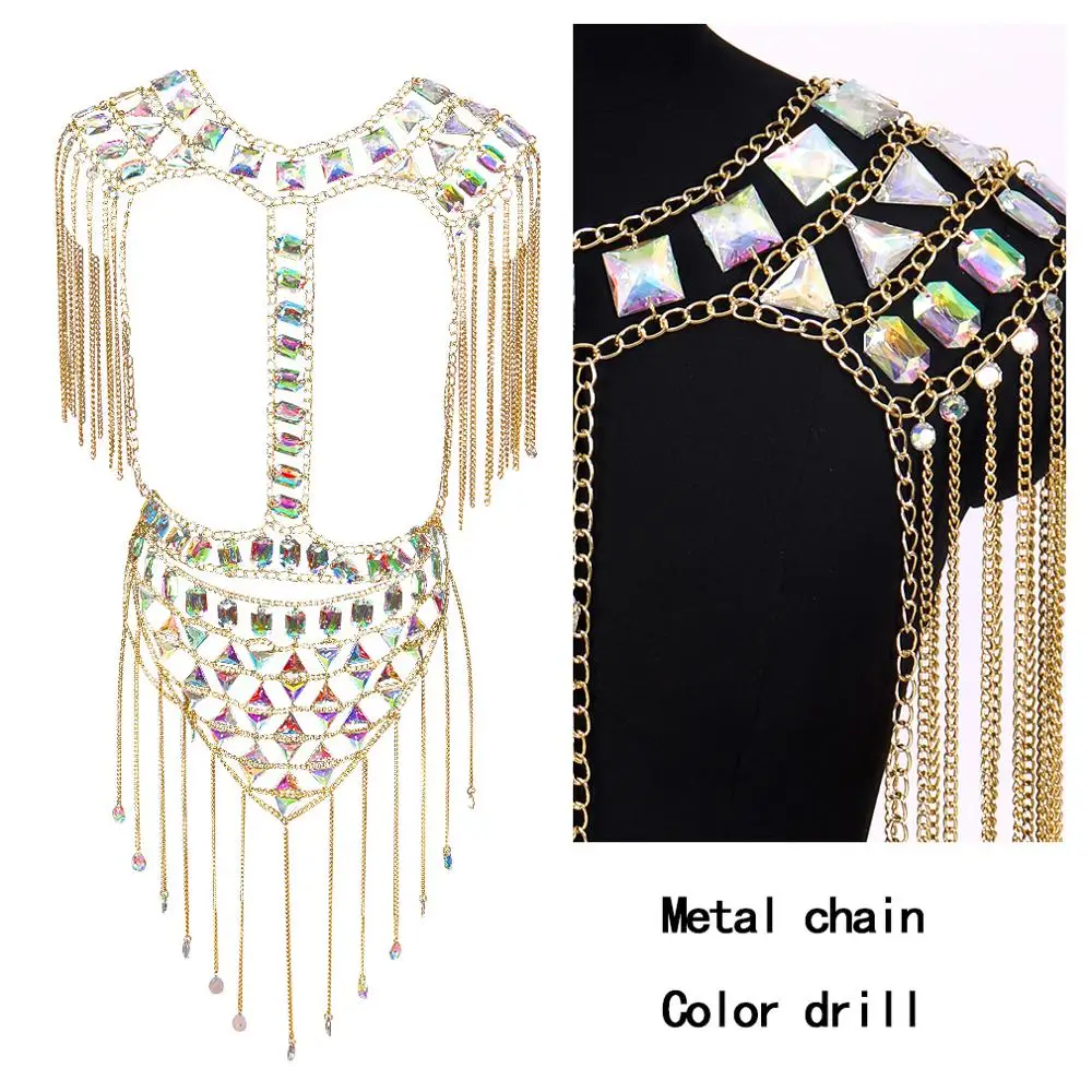 Body Chain Harness Shoulder Epaulette Crystal Jewelry Chest Belt Waist Skirt Sequins Top Set Plus Size Party Dance Rave Wear