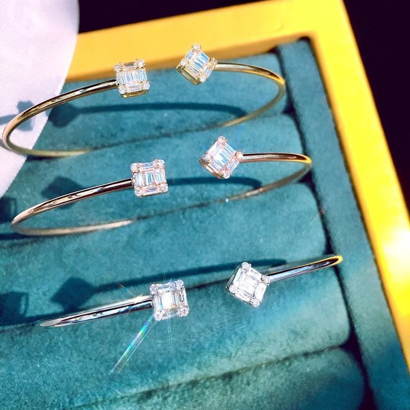 Aazuo Real 18K White Gold Rose Gold Yellow Gold Real Diamonds Square CUFF Bangle For Woman Upscale Trendy  Engagement Party