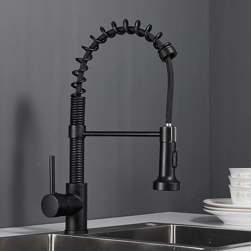 Tuqiu Spring Pull Out Kitchen Faucet  Black Pull Down Kitchen Sink Faucet luxury Hot & Cold Total Brass Kitchen Mixer tap