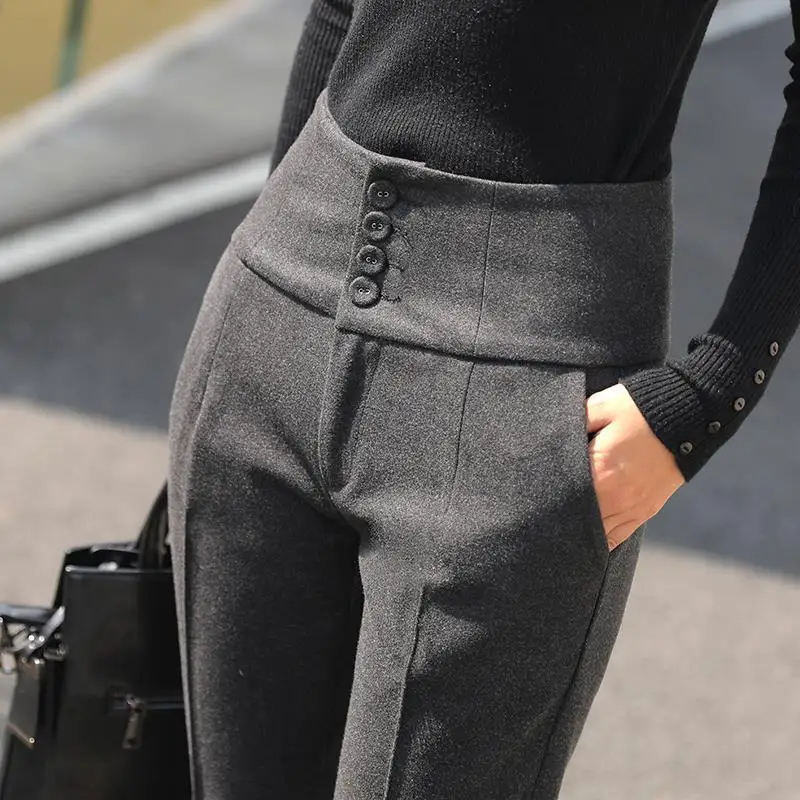 

Woolen Pants Women Autumn Winter Casual Suit Pants Ankle-Tied Straight High Waist Cropped Pants Vintage Streetwear Women's Pants