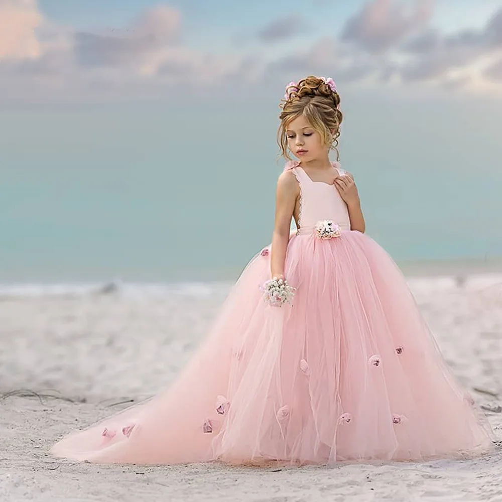 Robes à fleurs pour filles, pour mariage, en dentelle, avec des Appliques de perles, robes de bal, robes de première Communion personnalisées pour filles