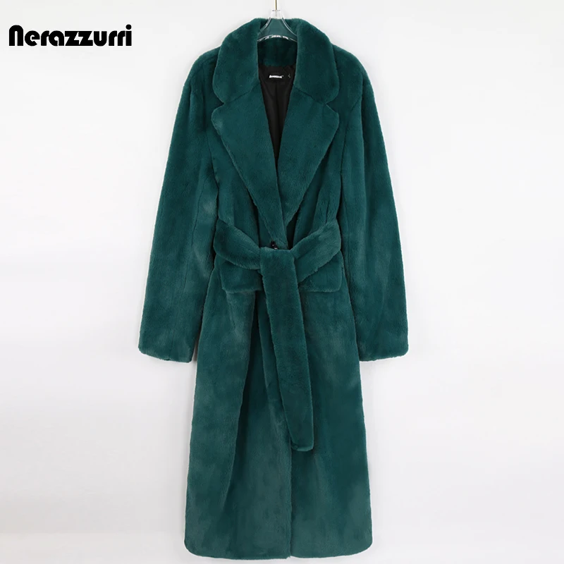 Nerazzurri Winter Long Green Warm Soft Loose Fluffy Faux Fur Coat Women Belt Lapel Elegant  Luxury Designer Korean Fashion 2021