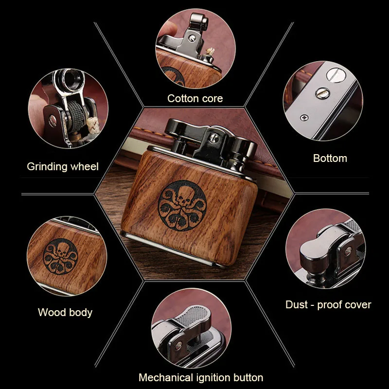 Vintage Sandalwood Kerosene Lighter Unique Cool Metal Gasoline Cigarette Encendedor Creative Petrol Oil Lighters Gadgets For Men