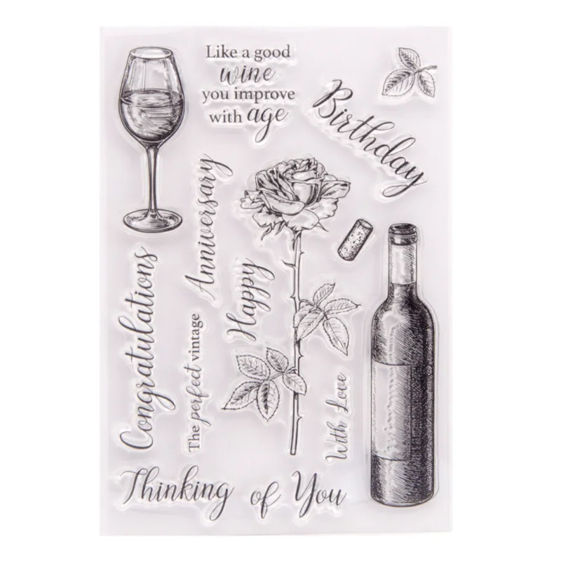 

1pc Rose Wine Transparent Silicone Stamp DIY Scrapbooking Rubber Coloring Embossed Diary Decor Template Reusable 10.5*14.5cm