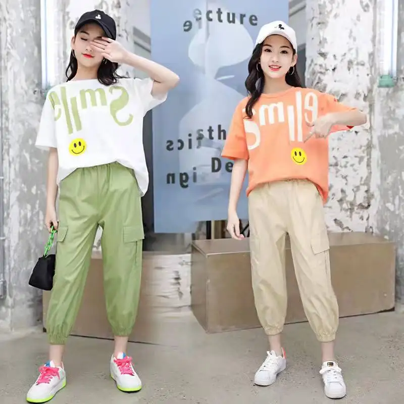 New Summer 2024 Girls Clothing Sets Outfits Kids Short Sleeve T-shirt + Long Pants 2PCS Children Clothes Teen 6 8 10 12 14 Year