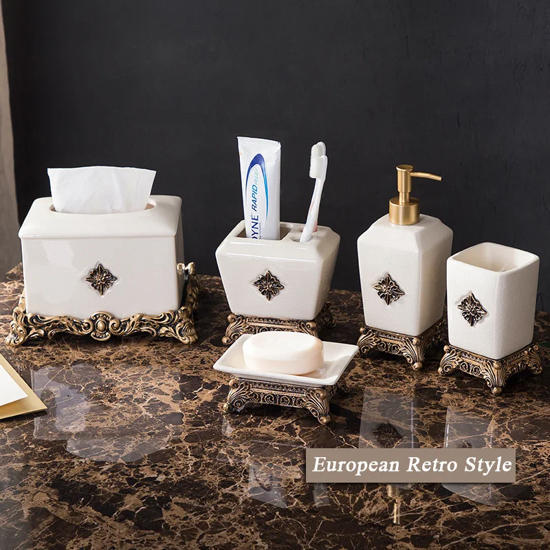 Crack Glaze Series Bathroom Accessories, Soap Dispenser, Bar Soap Dish, Tumbler, and Toothbrush Holder, Retro Luxury Style