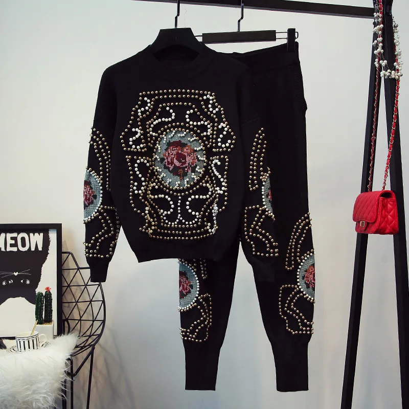 Autumn Winter New Fashion Tracksuit Women 2 piece set Beaded Embroidery Long Sleeve Sweater Casual Long Pants Female Knitted Set