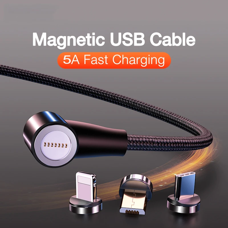 5A Superfast Charging Magnetic USB Cable Type C Micro USB Charging Data Cable Quick Charger Support Data Transmit 90 Degree Cabo