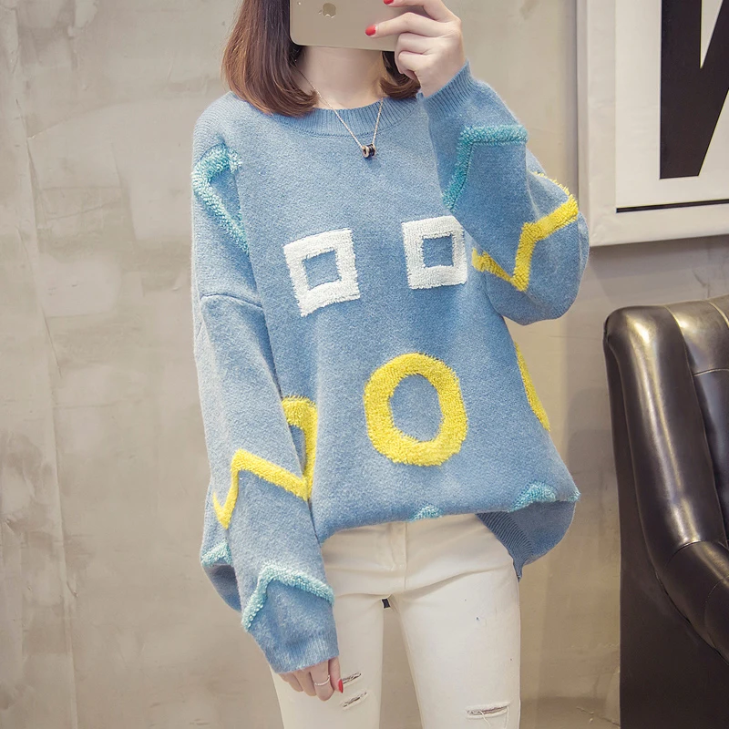 Autumn Winter Embroidery Long Knit Sweater Women Yellow Khaki Blue Korean Loose O-Neck Long Sleeve Pullover Knitted Tops Female