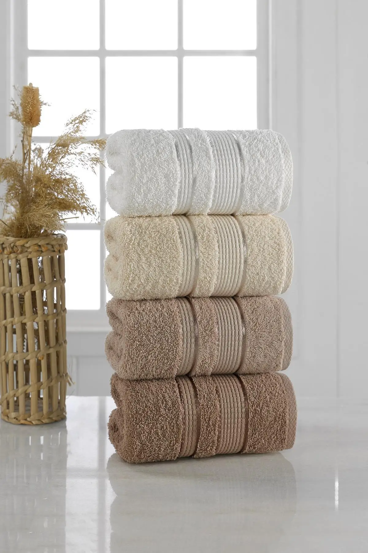 Turkish Pure %100 Cotton Super Absorbent Towel Set 4 Pieces 50x85 Cm Soft 2023 White Cream Brown Dark - Home Textile