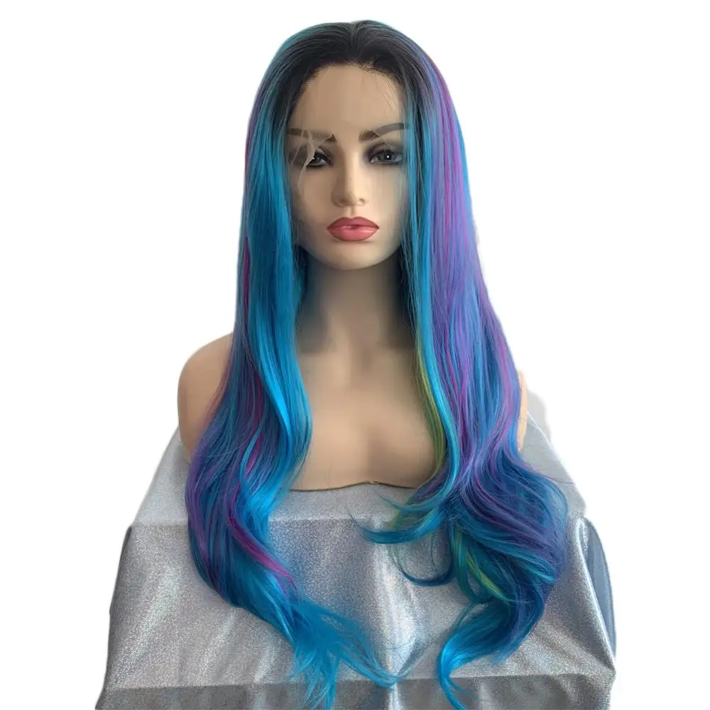 Long Wavy Purple Blue Yellow Mix Color Lace Front Wigs Ombre Dark Roots Free Part Synthetic Heat Resistant Daily Wigs for Women