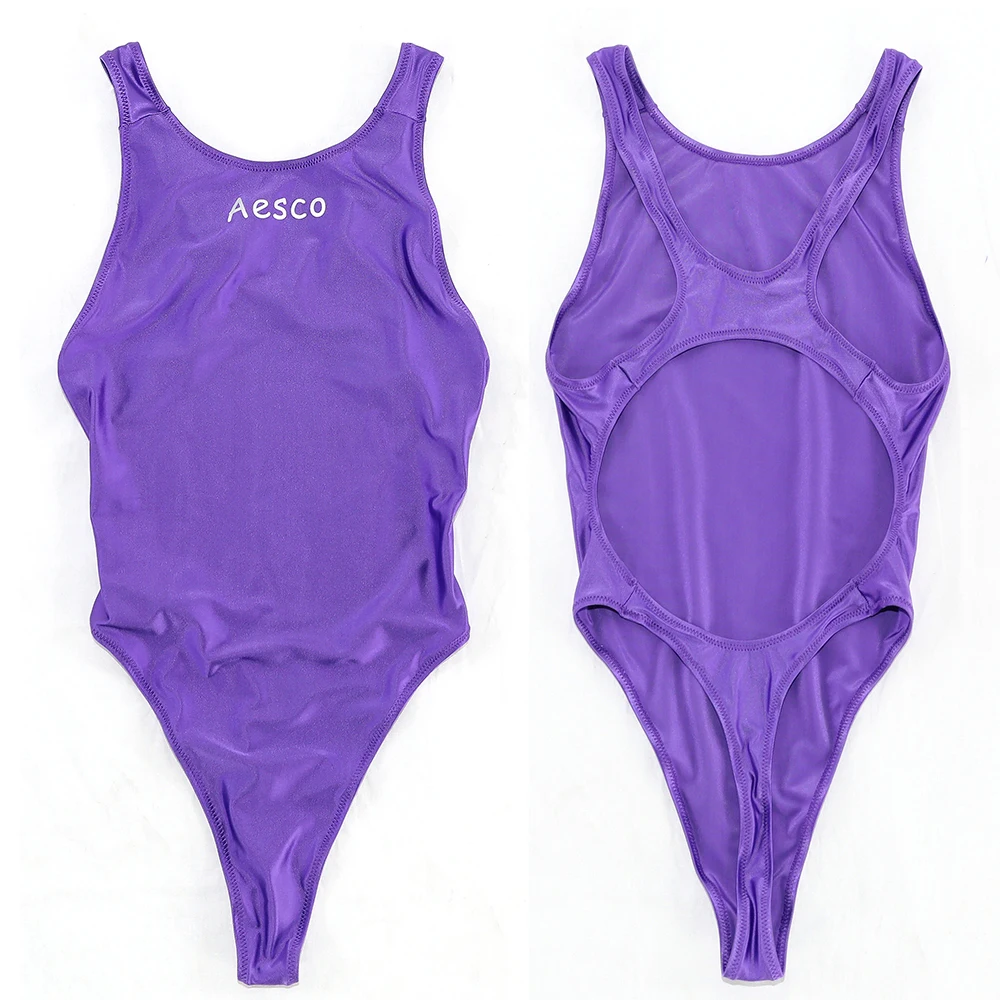 Sexy Frauen Glänzend Fettige orange einteiliges badeanzug eng anliegende elastische seidige modische high-gabel T-geformt plus size bademode
