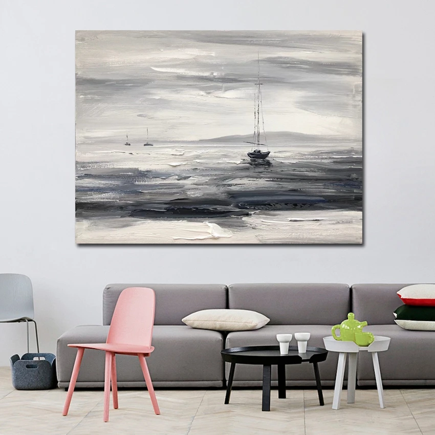 Handmade knife painting, living-room fresco, gray and white abstract sea fishing boat picture art without frame on canvas