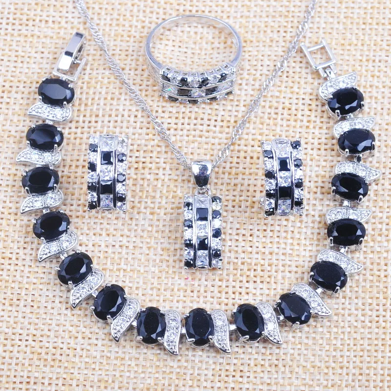 

Natural 925 Silver Jewelry Set Black Cubic Zirconia Earring Pendant Rings Bracelet 2023 New YZ0144