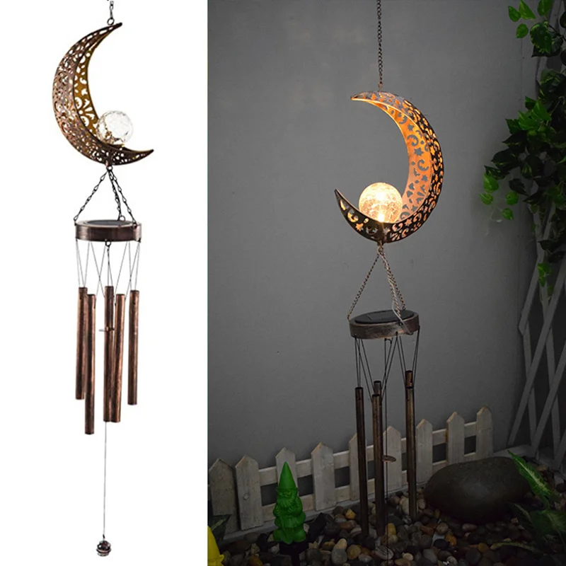 

Elegant Crackle Glass Ball lights LED Solar Light Solar Wrought Iron Hollow Moon Lamp Wind Chimes Moon Decor For Outside Garden