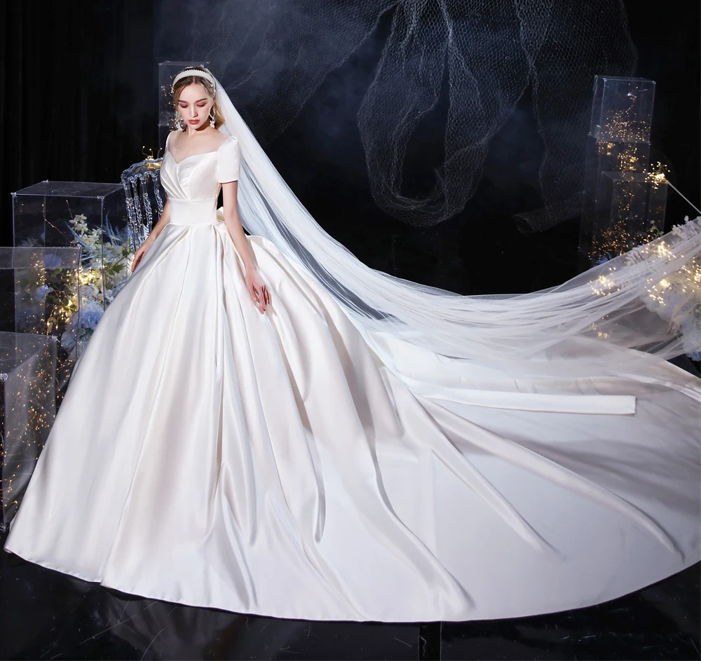 Wedding Dress 2022 Luxury Satin Wedding Gown With Train Ball Gown Classic Princess Bride Dress Plus Size Vestido De Noiva