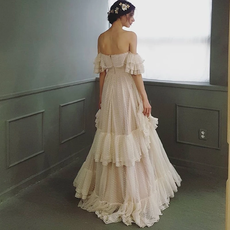 Customized New Off Shoulder Polka Dots Wedding Dress 2021 Vintage Victorian Lace Lady A Line Boho Bridal Gown Vestidos De Novia