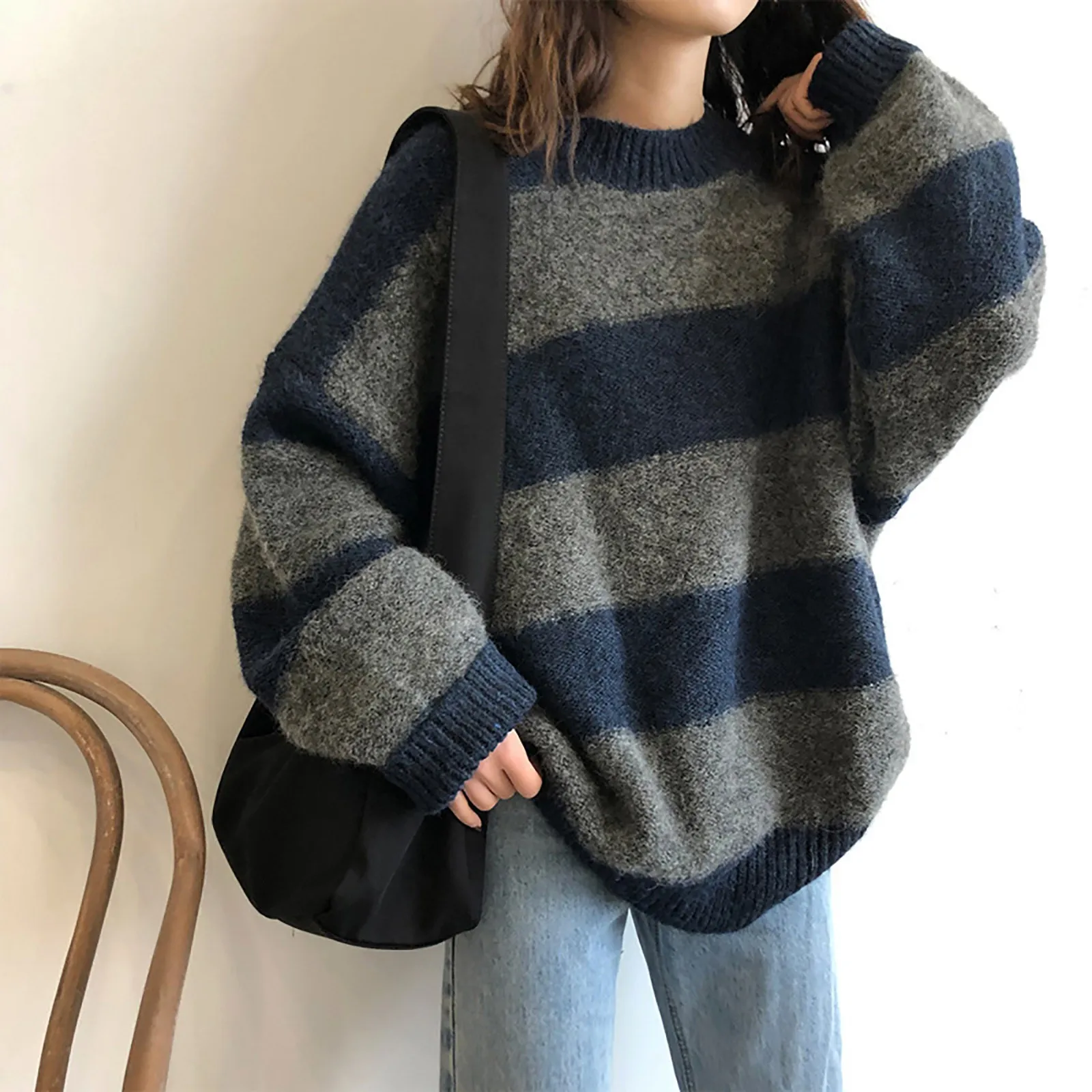 Women Oversized Thin Sweater Vintage Striped Loose Pullover Streetwear Autumn Knitted Long Sleeve Casual Jumper Sueter Mujer