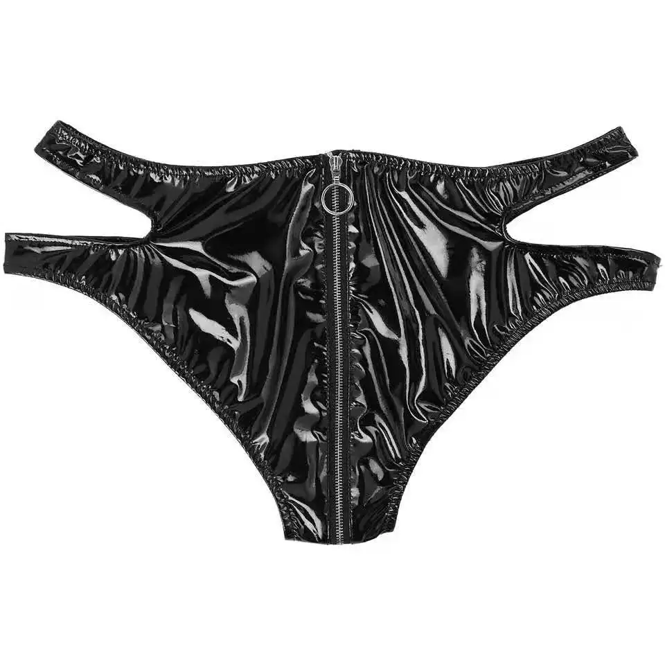 Women Sexy Opening Crotch Shiny Leather Underwear For Sex Erotic Below Crotchless Fetish Brief Glossy Latex Mini Hot Pants Sexi