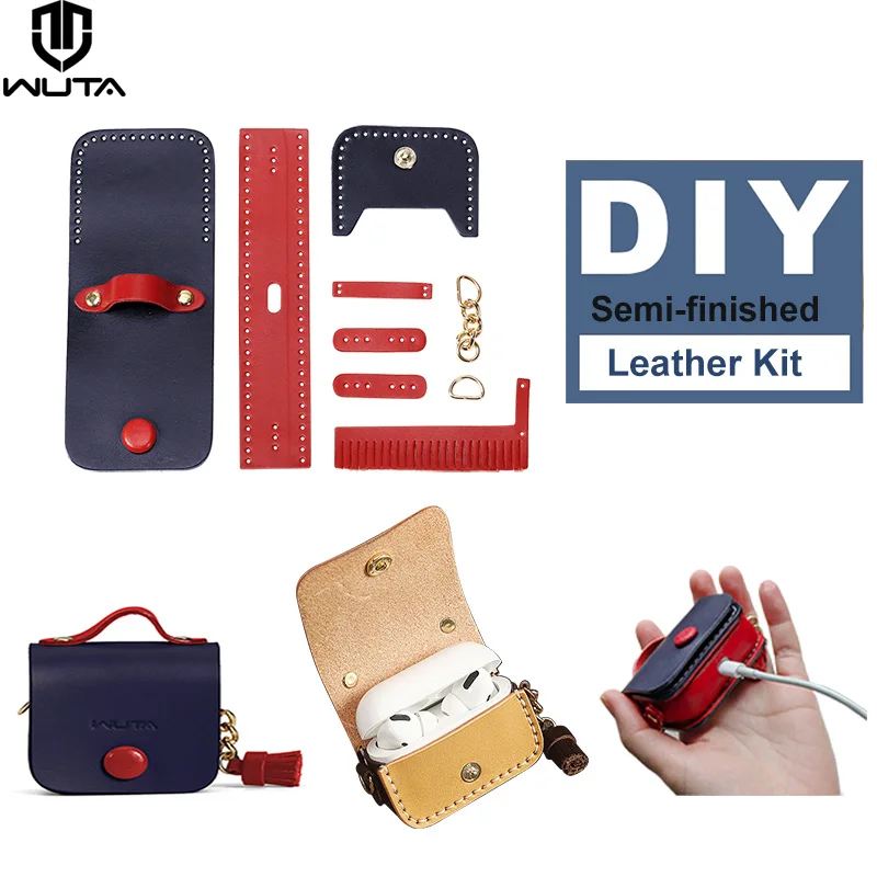 WUTA New DIY Leather Case For AirPods Pro/1/2 Genuine Cowhide Headphone Protective Cover Semi-finished Handmade Gift Leather Kit