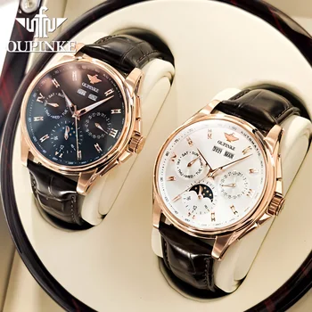 OUPINKE luxury men's watch chronograph automatic mechanical watches leather band waterproof moon phase wristwatch 2023 top brand