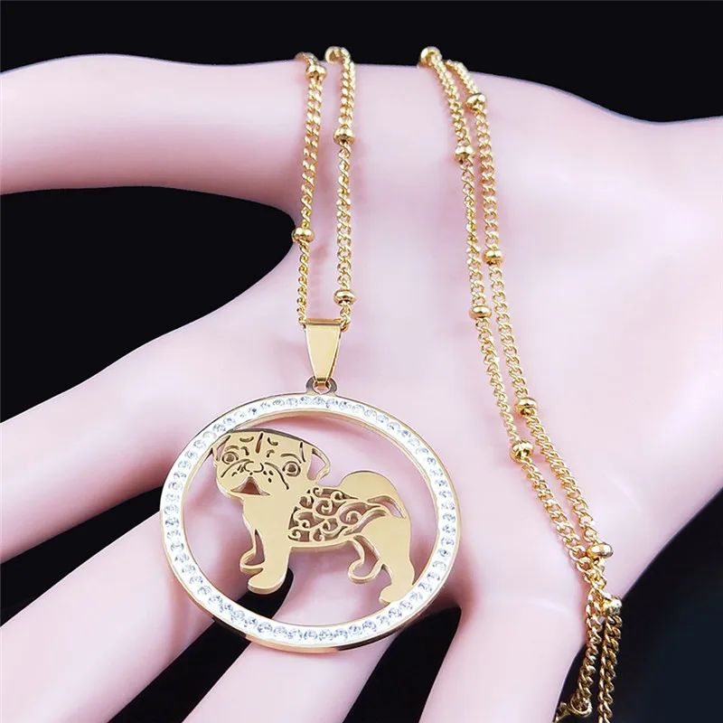 Pug Dog Stainless Steel Crystal Necklace Pendant Women Gold Color Chain Necklace Jewelry bijoux femme N133S01