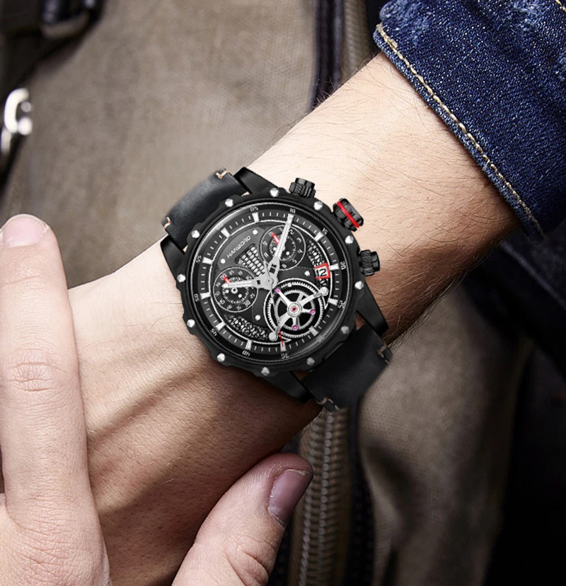 Imagem -06 - Hanboro Homem Chronograph Relógio Esporte Relógios à Prova Impermeável Água Luminosa Marca de Moda Quartzo Homem Relógio Couro Banda Relógio Masculino