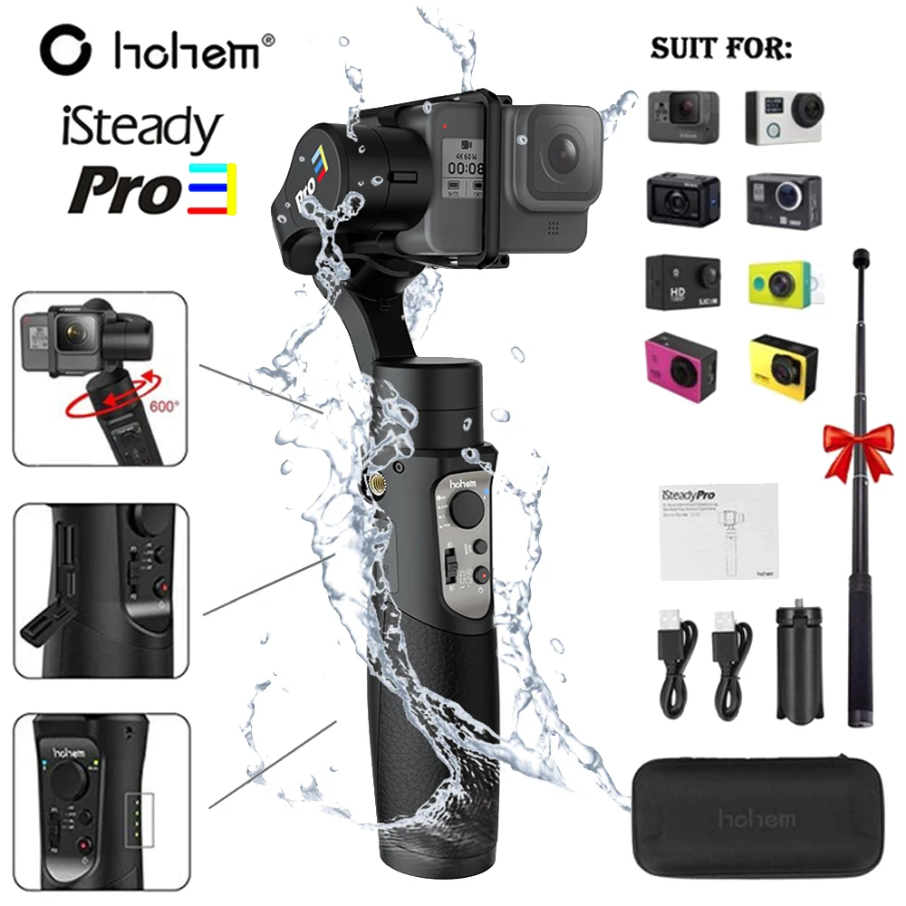 Hohem  3-Axis Handheld Gimbal Waterproof Action Camera Stabilizer for DJI Osmo Gopro Hero8//7/6/5/4 RXO SJCAM ISteady Pro 3/Pro4