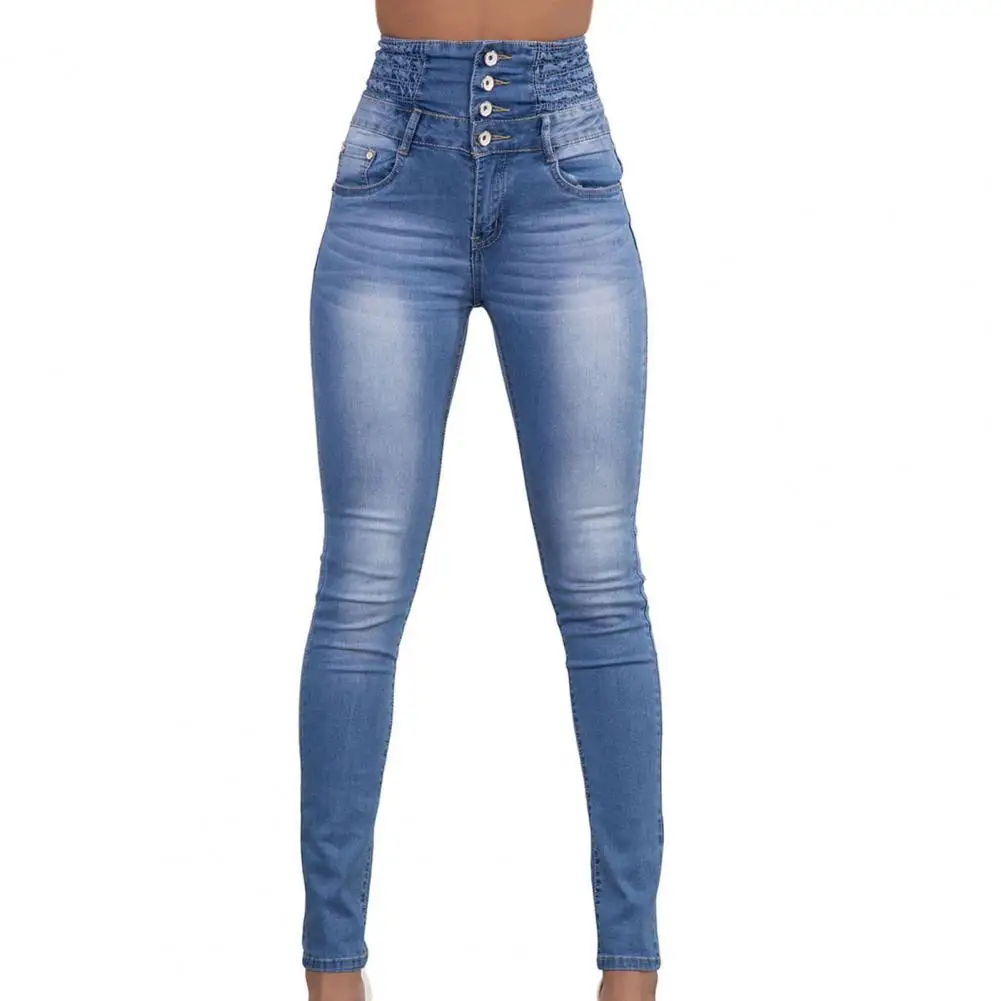 High Waist Women Jeans Multi Pockets Sexy Multi Breasted Stretchy Denim Pants Trousers