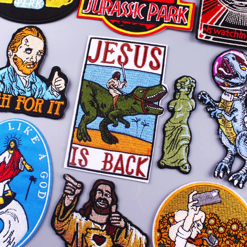 Funny Jesus Patch Dinosaur Embroidered Patches For Clothing DIY Iron on Patches For Clothes Broken Arm Venus Patch Stickers