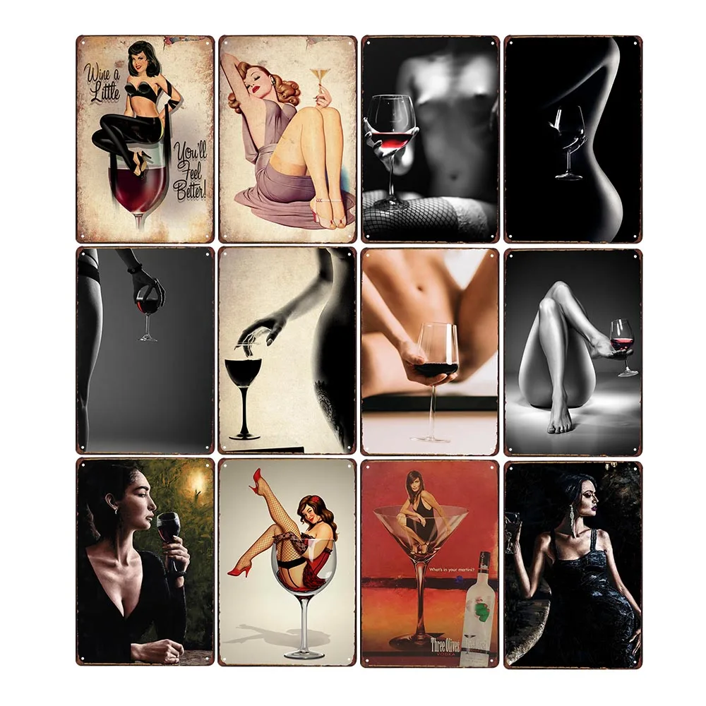 Pintura de lata de vino tinto para hombres y mujeres, póster Vintage Sexy, decoración de Bar, Pub, Club, cueva de hombre, placa de decoración de pared de Metal, 20x30cm