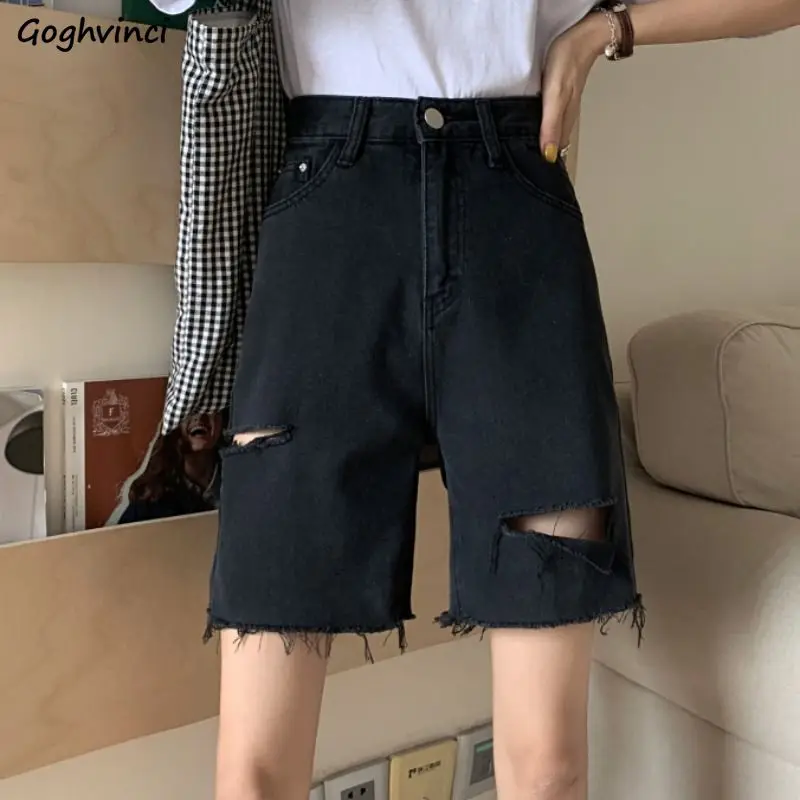 

Women Denim Shorts Solid Holes Fur-lined Knee-length Vintage Fashion Straight Leisure Streetwear Harajuku All-match Japan Style