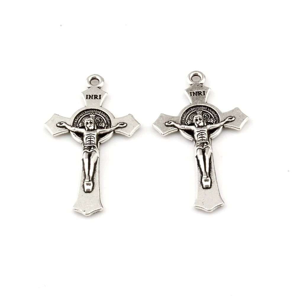 

100Pcs Alloy Saint Benedict Medal Jesus Christ Cross Charm Pendants For Jewelry Making Necklace Findings 21x37mm A-605