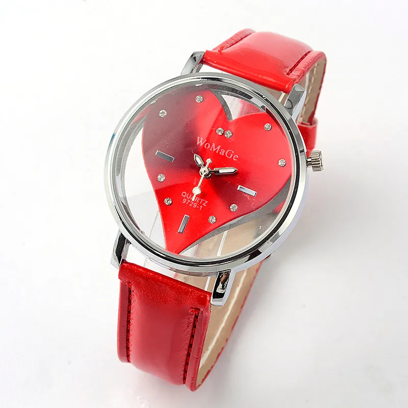 Fashion Brand WoMaGe Watches Women Casual Watches Red Heart Watches Leather Band Quartz Watch relogio feminino montre femme