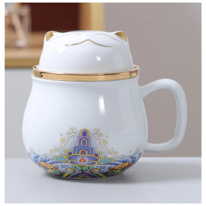 NONE Chinesische Cartoon Keramik Katze Becher Büro Teetasse mit Abdeckung getrennt Teetasse für Tee Geschenk Tasse 320 ml, 1 Stück 7