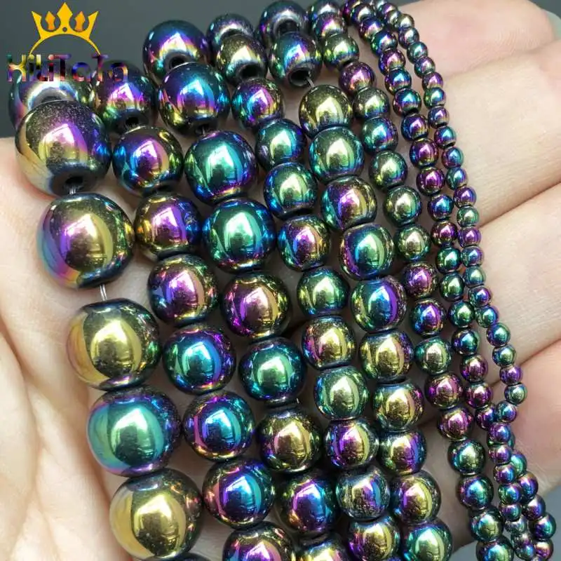 Natural Rainbow Color Hematite Beads Smooth Round Loose Beads For Jewelry Making DIY Bracelet Accessories 2/3/4/6/8/10mm 15\'\'