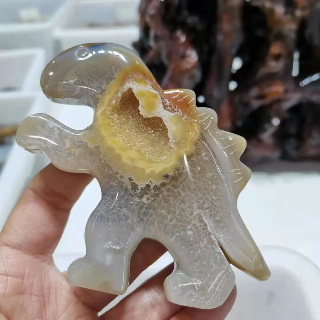 Natural Agate geode Carved Dinosaur Gemstone Crystals Decoration Figurine